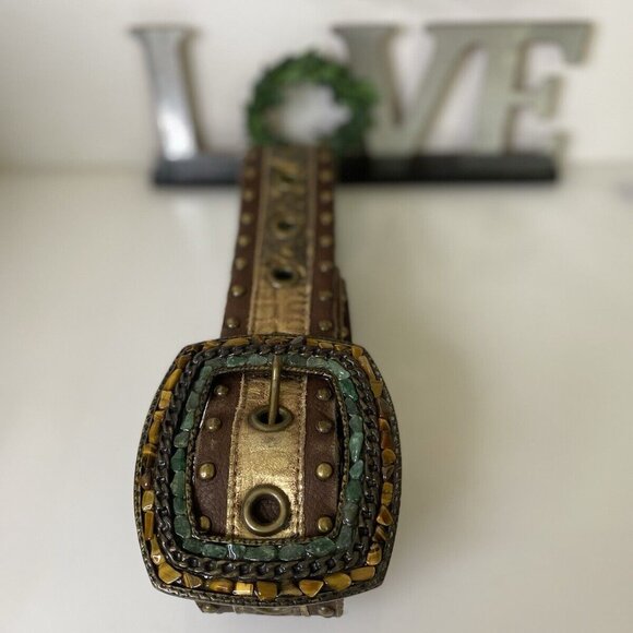 Handmade Brown Leather Statement Belt Semi Precious Stones Studs Up To Size 36 - Picture 15 of 16